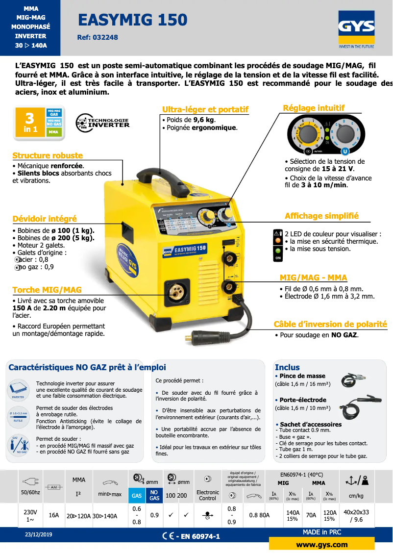 Page n°1 - Fiche technique GYS Easymig 150