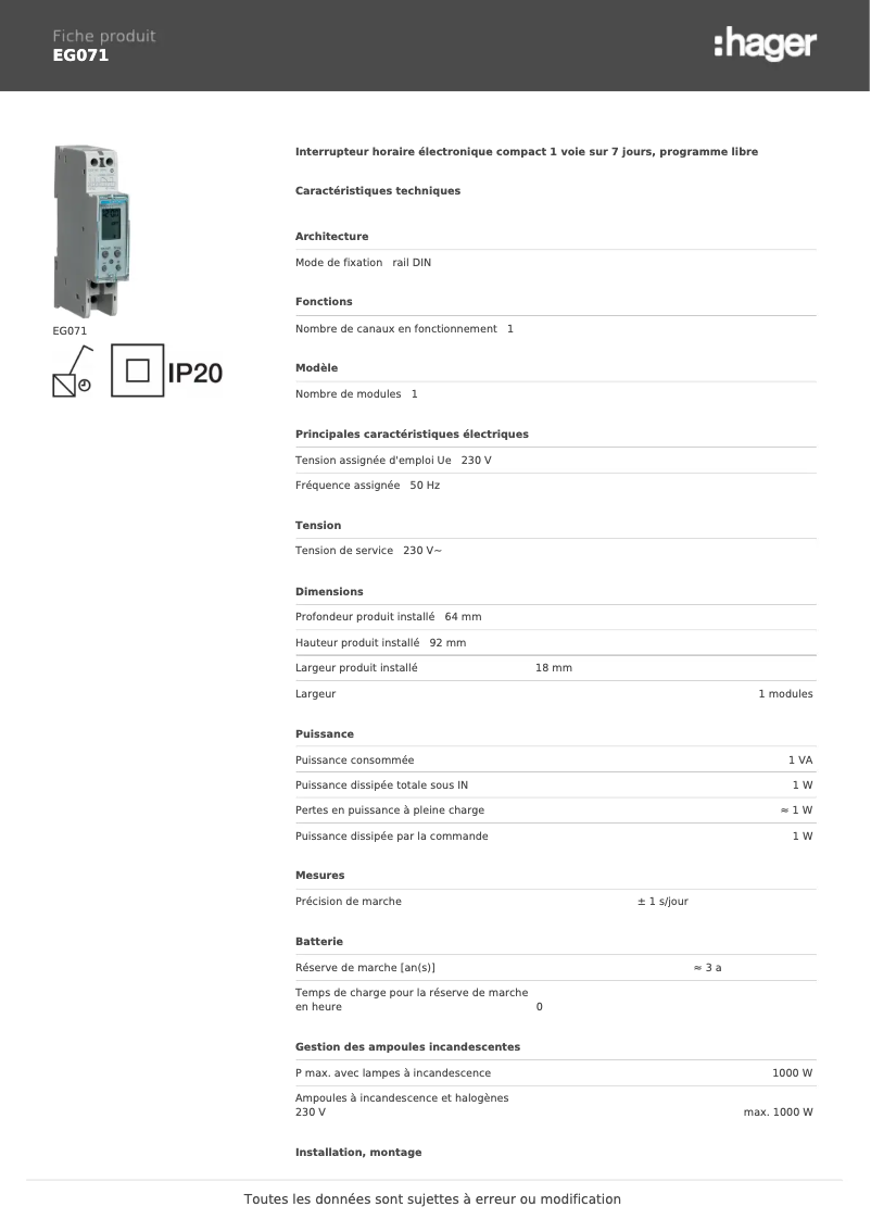Page 1 de la notice Fiche technique Hager EG071