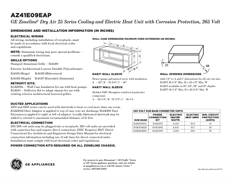 Page n°1 - Fiche technique GE AZ41E09EAP Zoneline