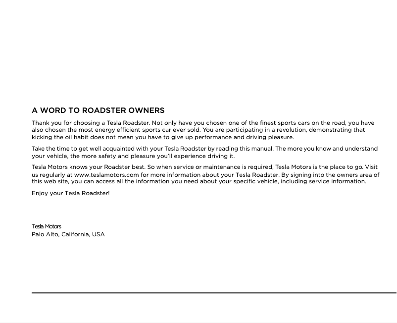 Page 1 de la notice Manuel utilisateur Tesla Roadster (2010)