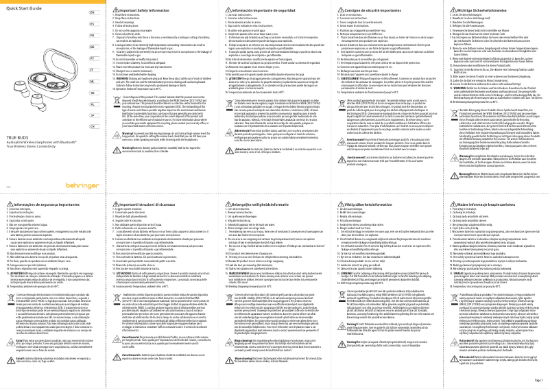 Page 1 de la notice Guide de démarrage rapide Behringer True Buds