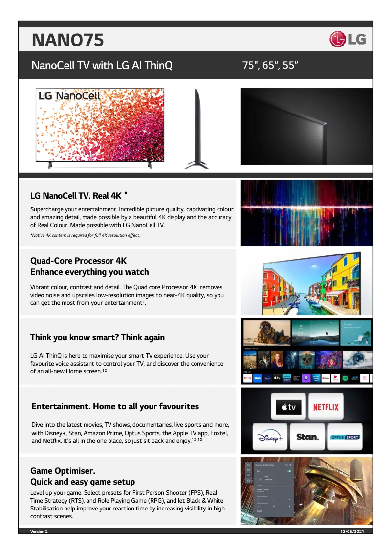 Page 1 de la notice Fiche technique LG 75NANO75TPA
