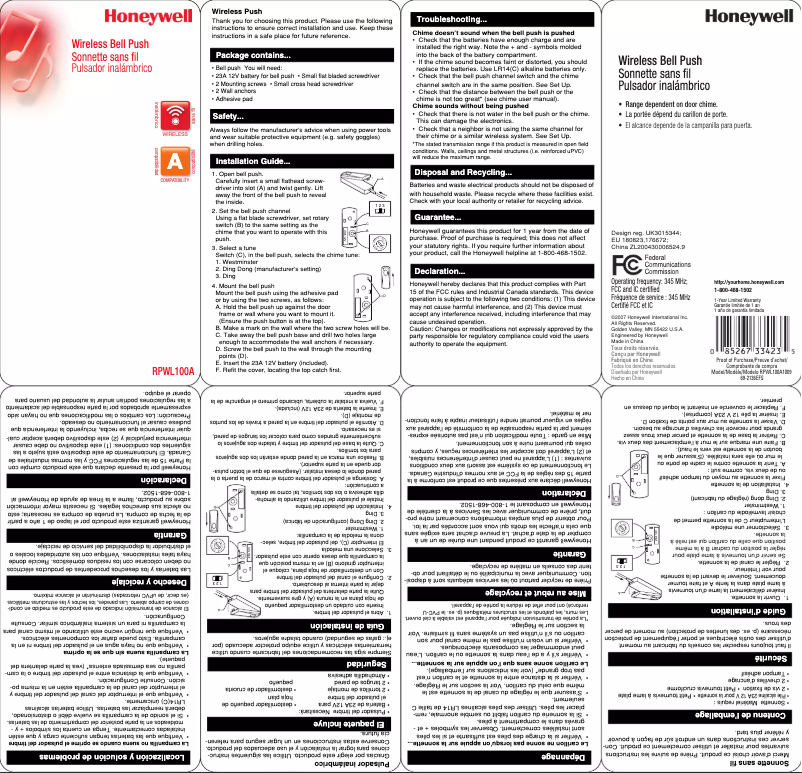 Page 1 de la notice Manuel utilisateur Honeywell RPWL100A