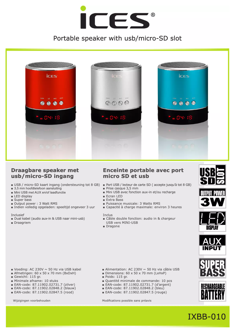 Page 1 de la notice Manuel utilisateur Ices IXBB-010