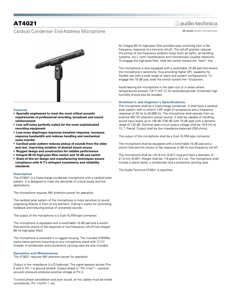 Page 1 de la notice Guide de démarrage rapide Audio-Technica AT4021