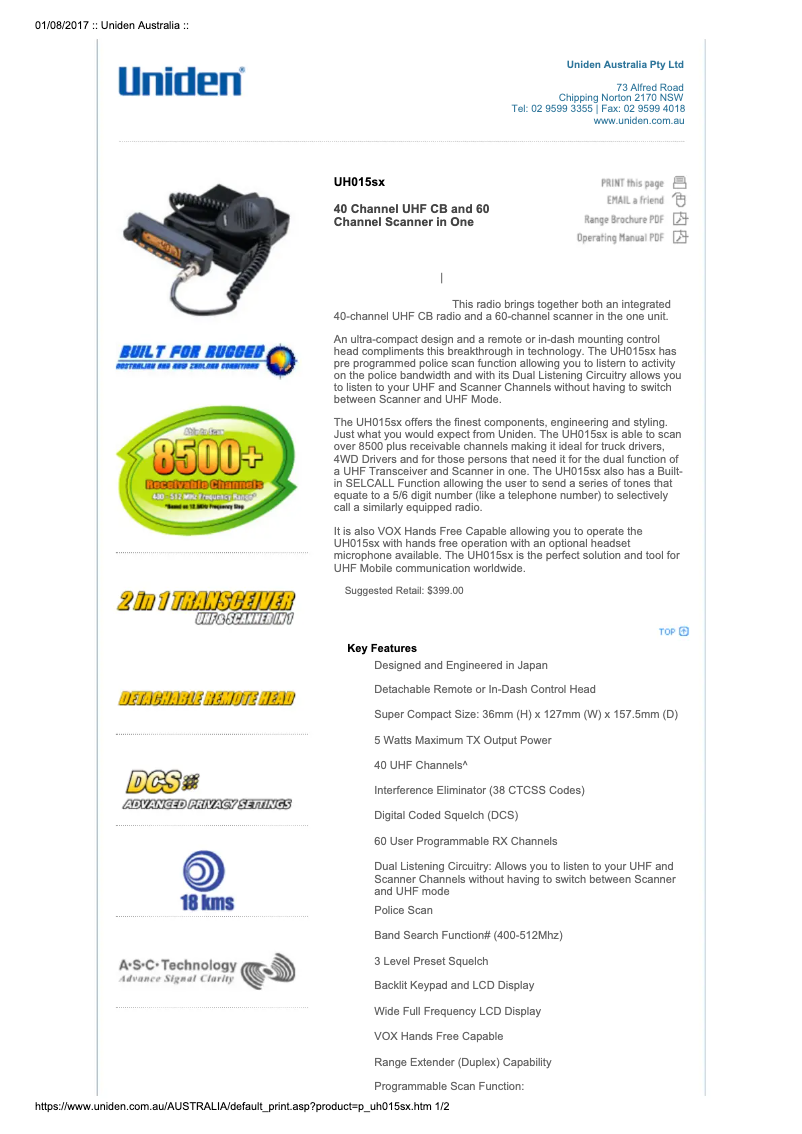 Page n°1 - Manuel utilisateur Uniden UH015SX