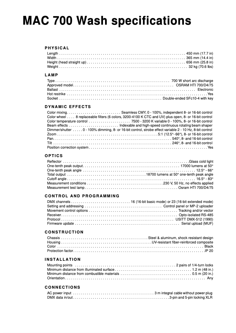 Page 1 de la notice Fiche technique Martin MAC 700 Wash