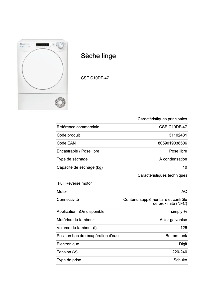 Page 1 de la notice Fiche technique Candy CSE C10DF-47