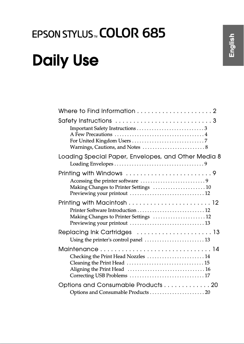 Page n°1 - Manuel utilisateur Epson Stylus Color 685