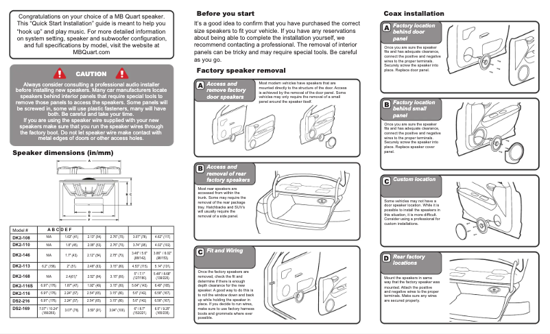 Page 1 de la notice Guide de démarrage rapide MB Quart Discus DK2-116S