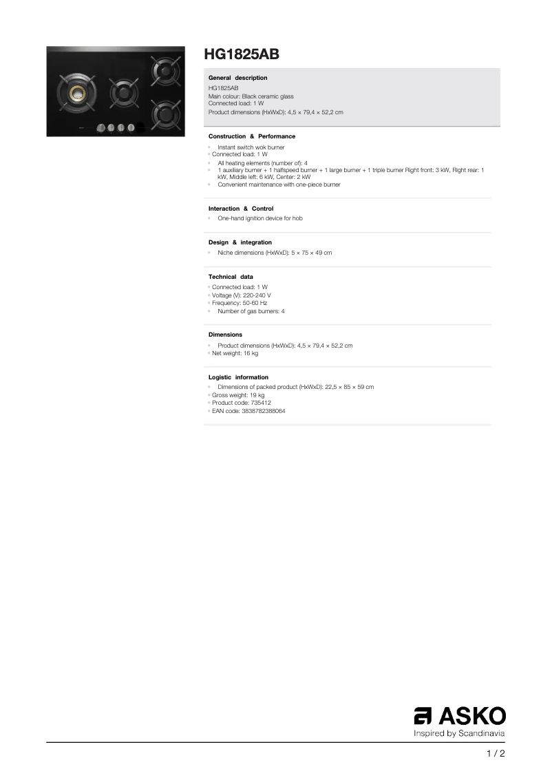 Page n°1 - Fiche technique Asko HG1825AB