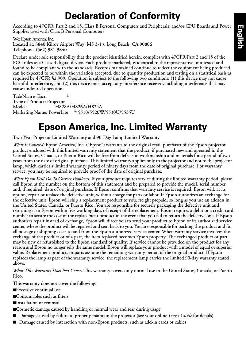 Página 1 del manual Información de garantía Epson PowerLite 5535U