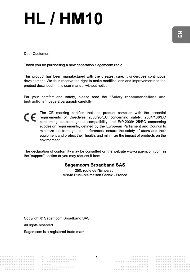 Page 1 de la notice Manuel utilisateur Sagem HM10