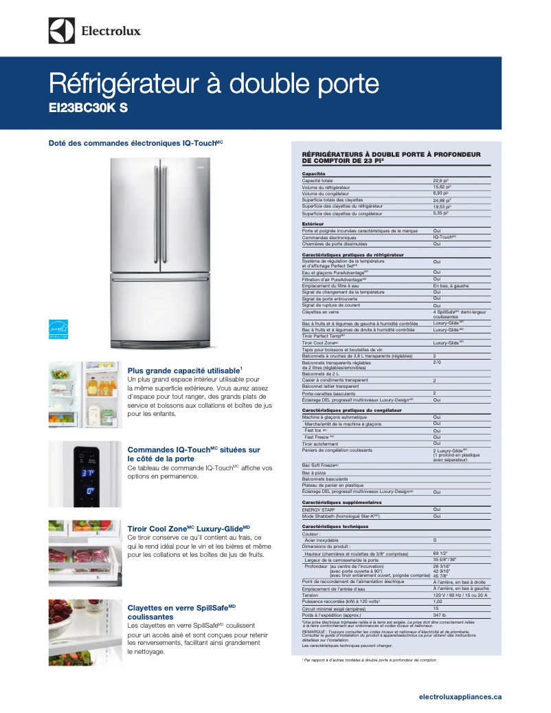 Page 1 de la notice Fiche technique Electrolux EI23BC30KB