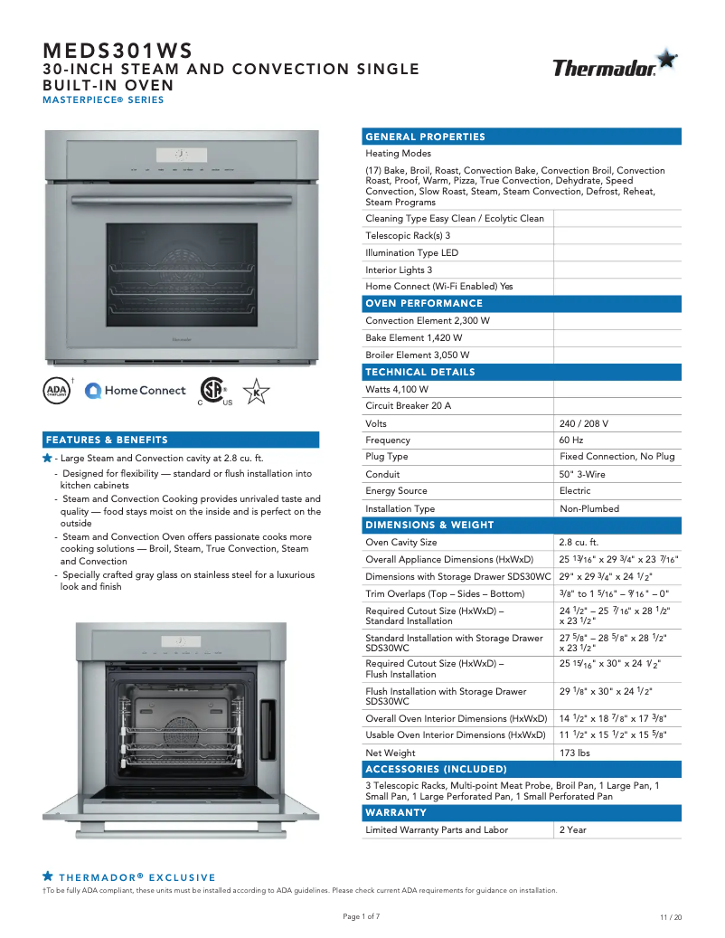 Page 1 de la notice Fiche technique Thermador Masterpiece MEDS301WS
