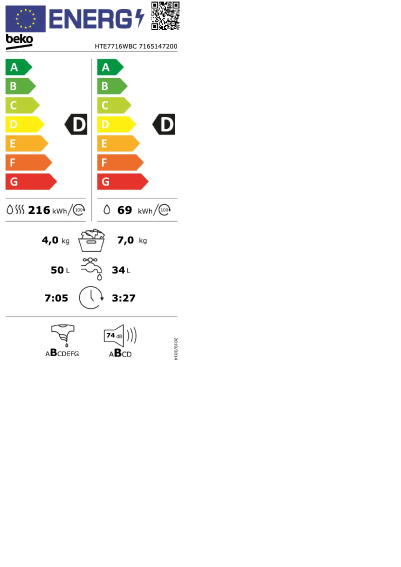 Page 1 de la notice Label énergétique Beko HTE7716WBC