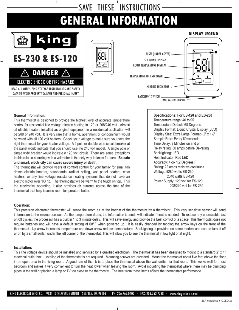 Page n°1 - Manuel utilisateur King ES-230