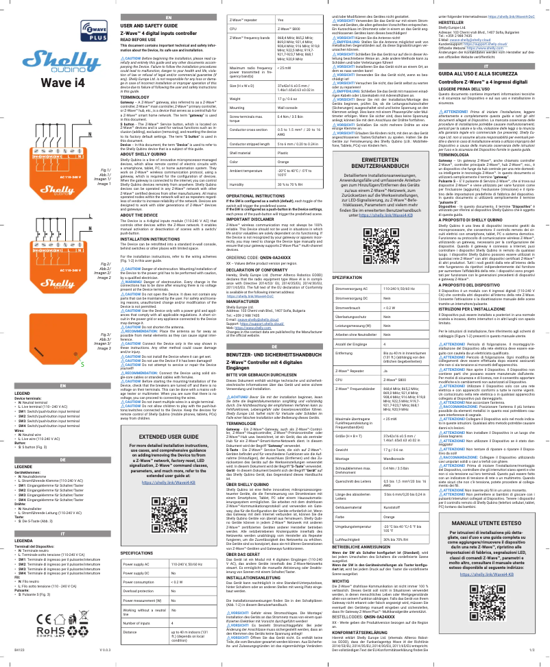 Page 1 de la notice Manuel utilisateur Shelly Wave i4