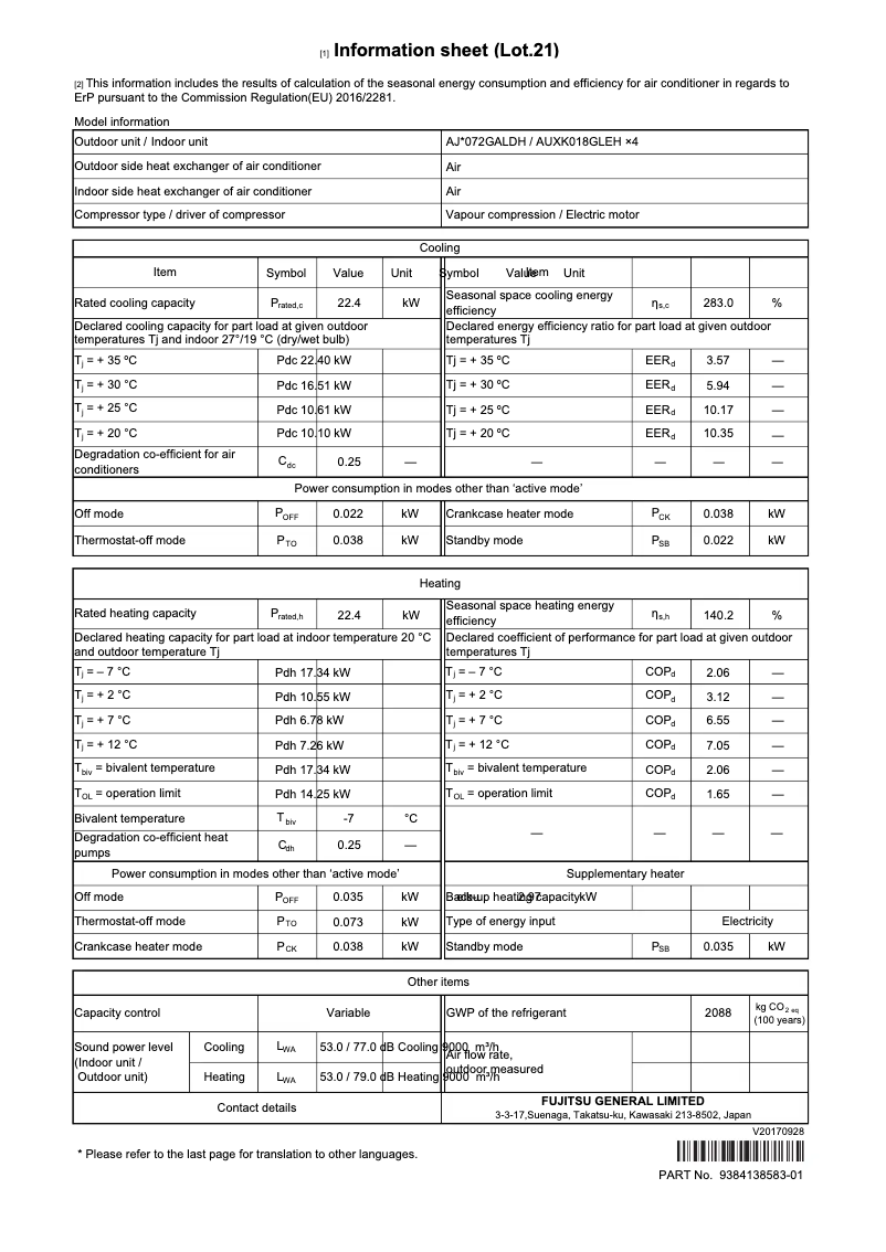 Image de la première page du manuel de l'appareil Airstage AJH072GALDH