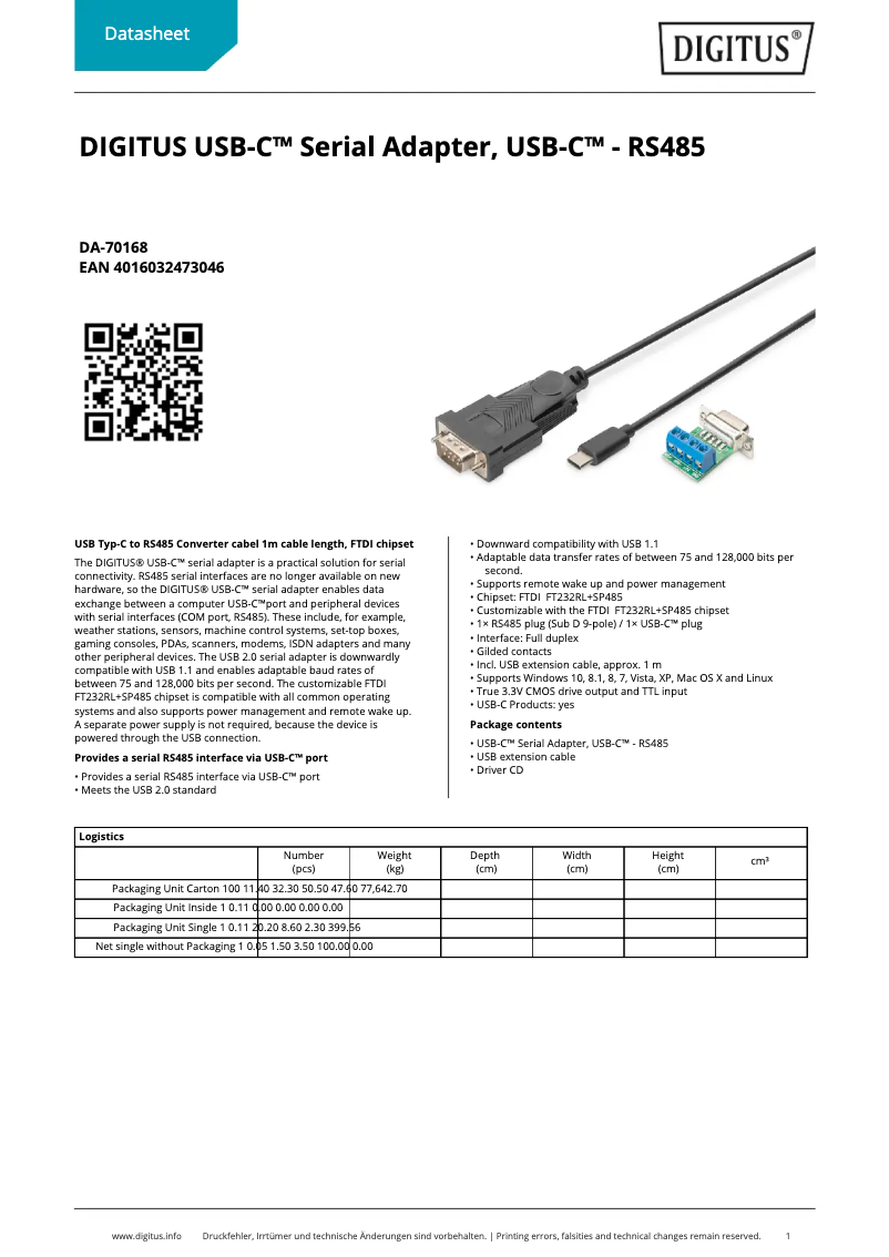Page n°1 - Fiche technique Digitus DA-70168