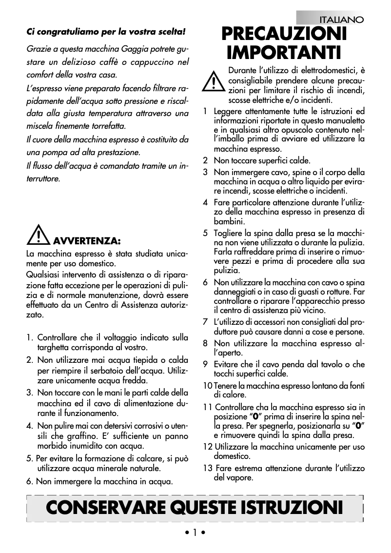Page 1 de la notice Manuel utilisateur Gaggia Anima