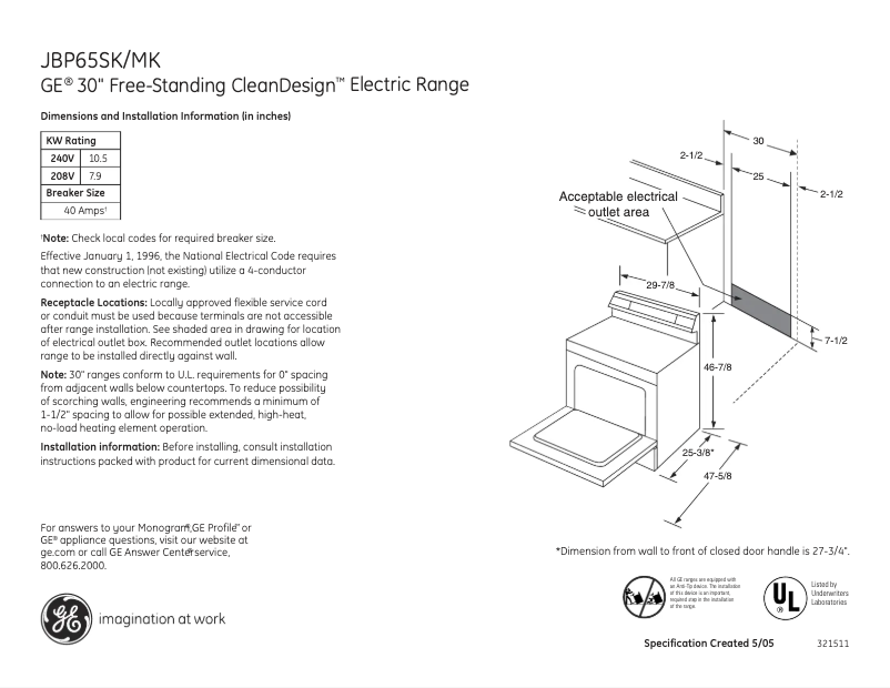 Page n°1 - Fiche technique GE JBP65SKSS