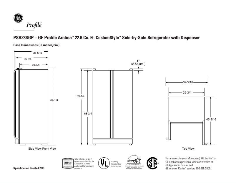 Page 1 de la notice Fiche technique GE PSH23SGPBS
