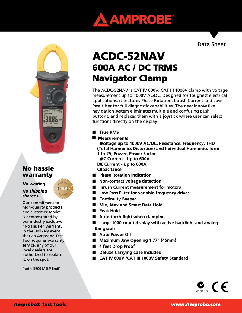 Page 1 de la notice Fiche technique Amprobe ACDC-52NAV