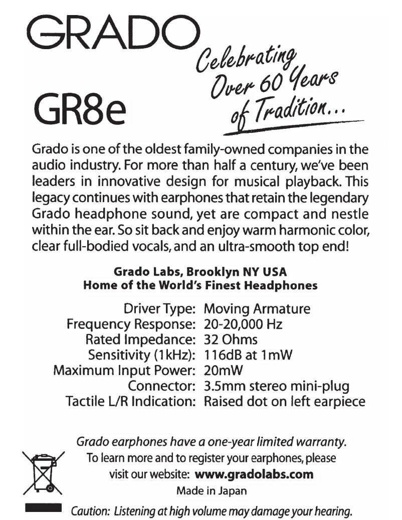 Page 1 de la notice Manuel utilisateur Grado GR8e