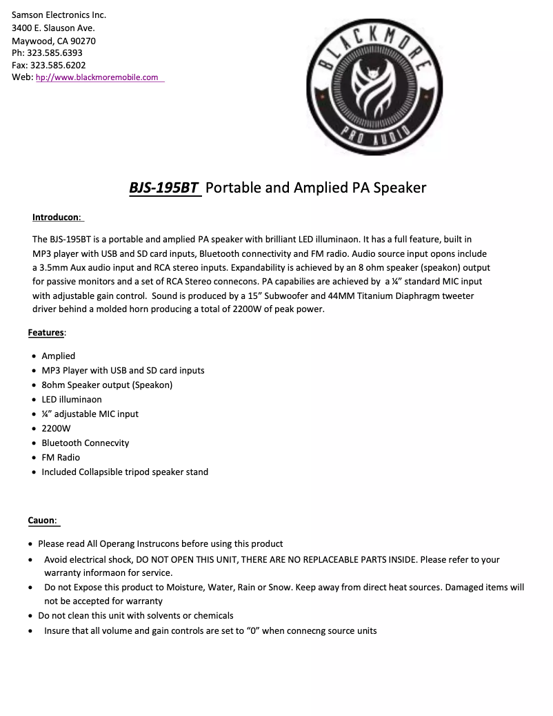 Página 1 del manual Manual de usuario Blackmore BJS-195BT