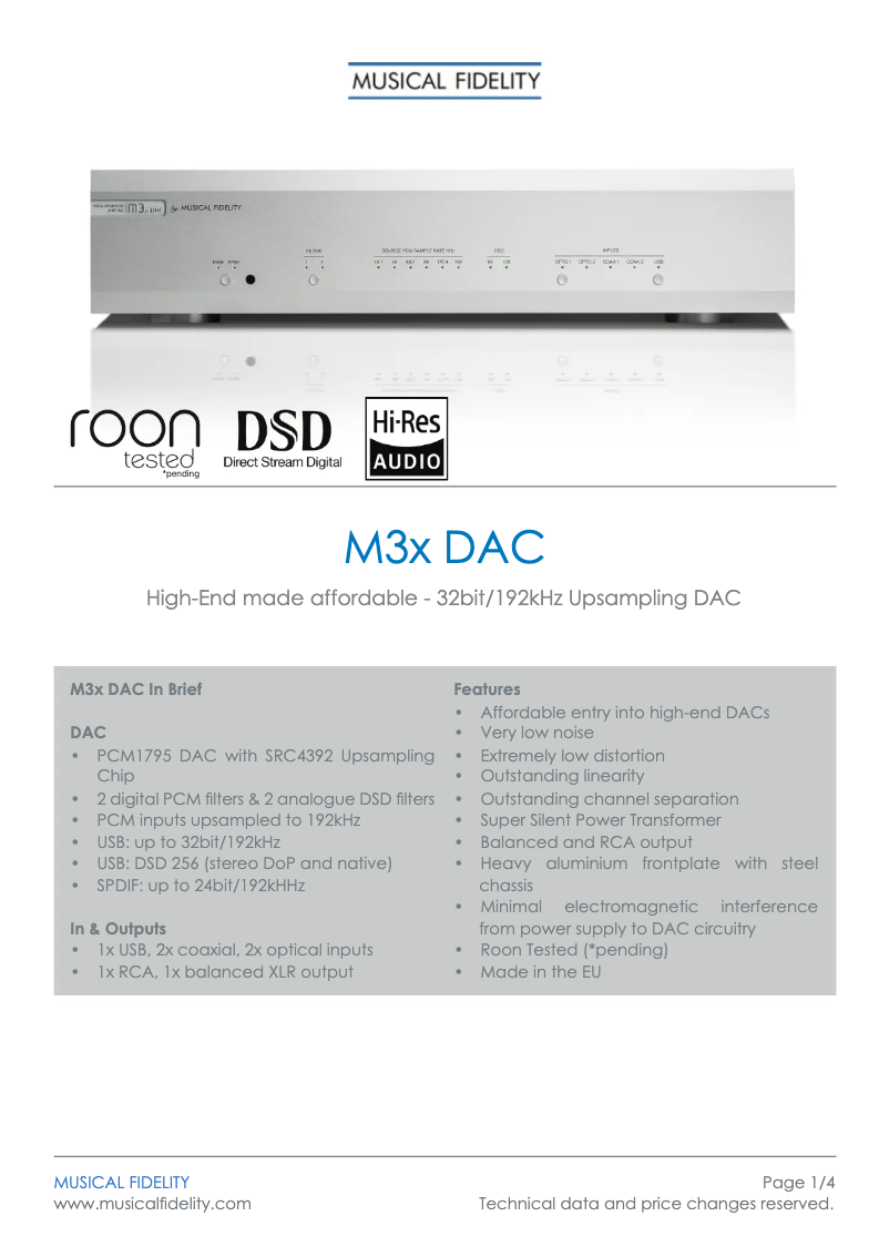 Page 1 de la notice Fiche technique Musical Fidelity M3x DAC