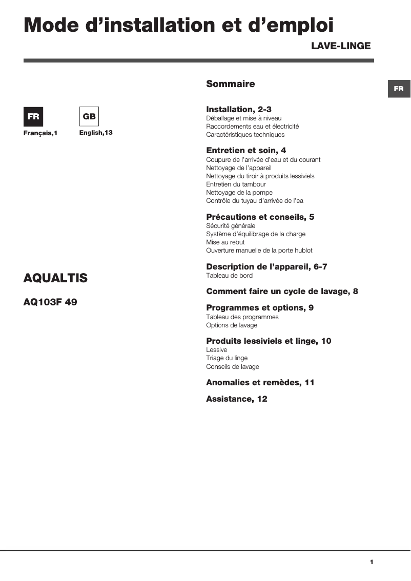 Page 1 de la notice Manuel utilisateur Hotpoint Aqualtis AQ103F 49