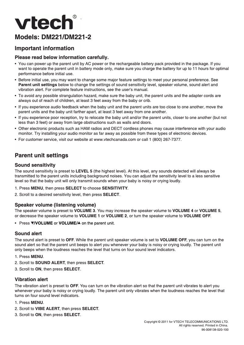 Page 1 de la notice Manuel utilisateur Vtech Safe & Sound DM221-2