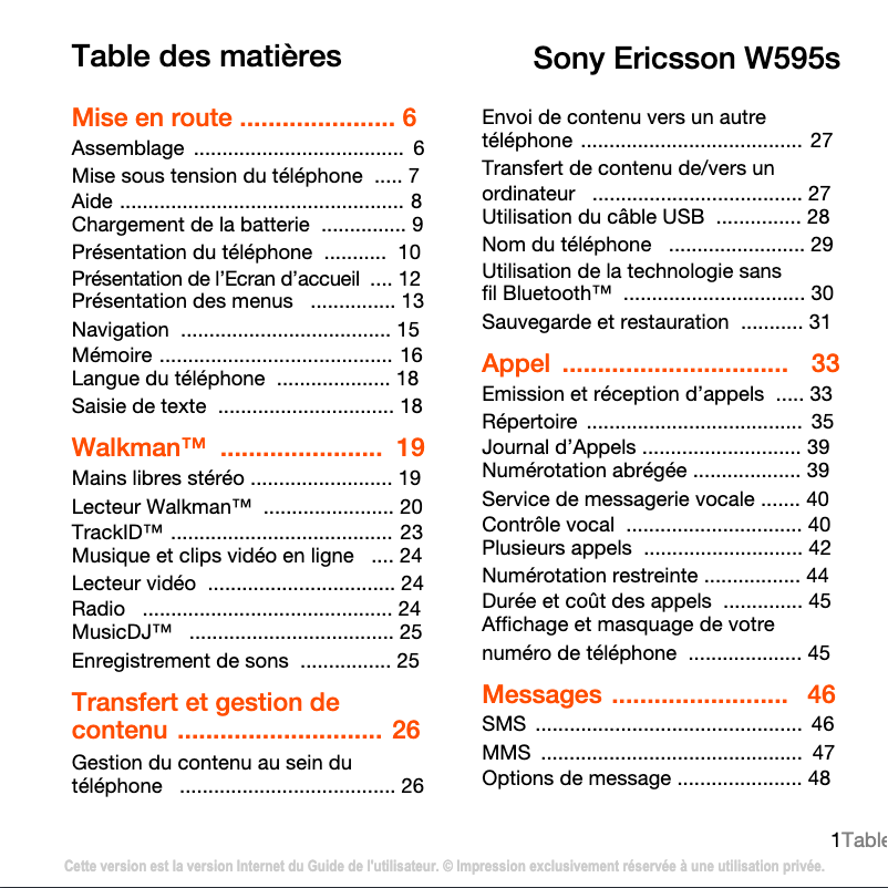 Page n°1 - Manuel utilisateur Sony Ericsson W595