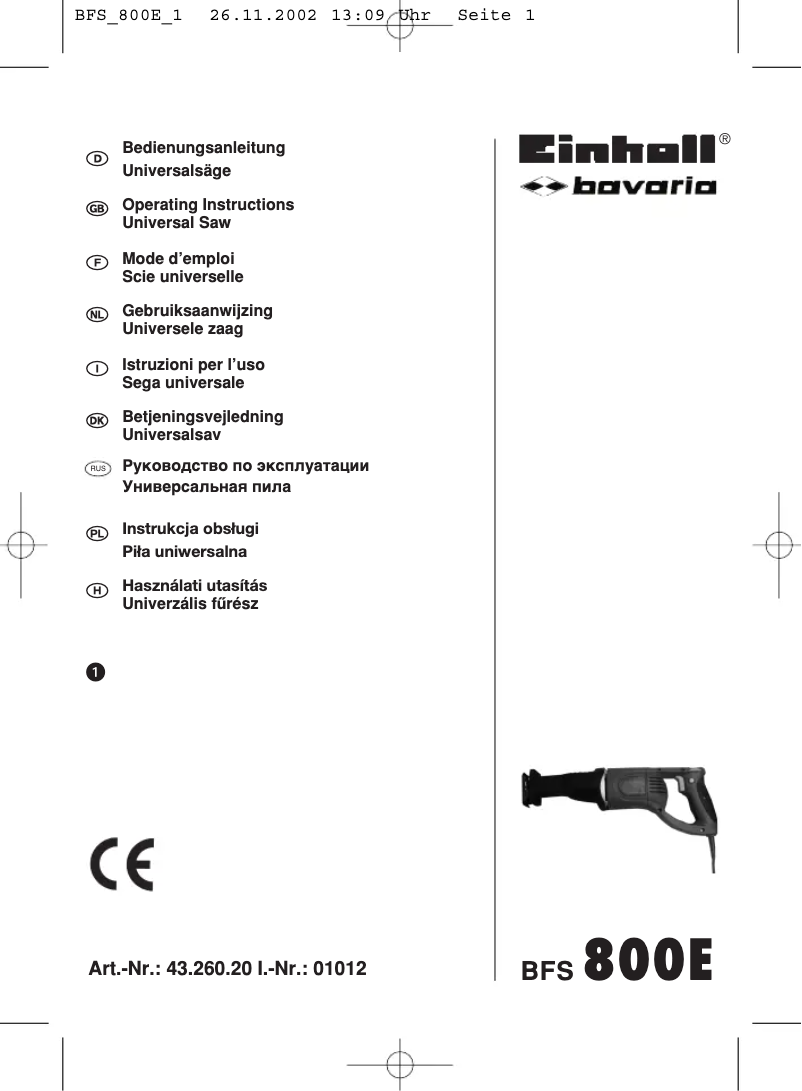 Page 1 de la notice Manuel utilisateur Bavaria by Einhell BFS 800E