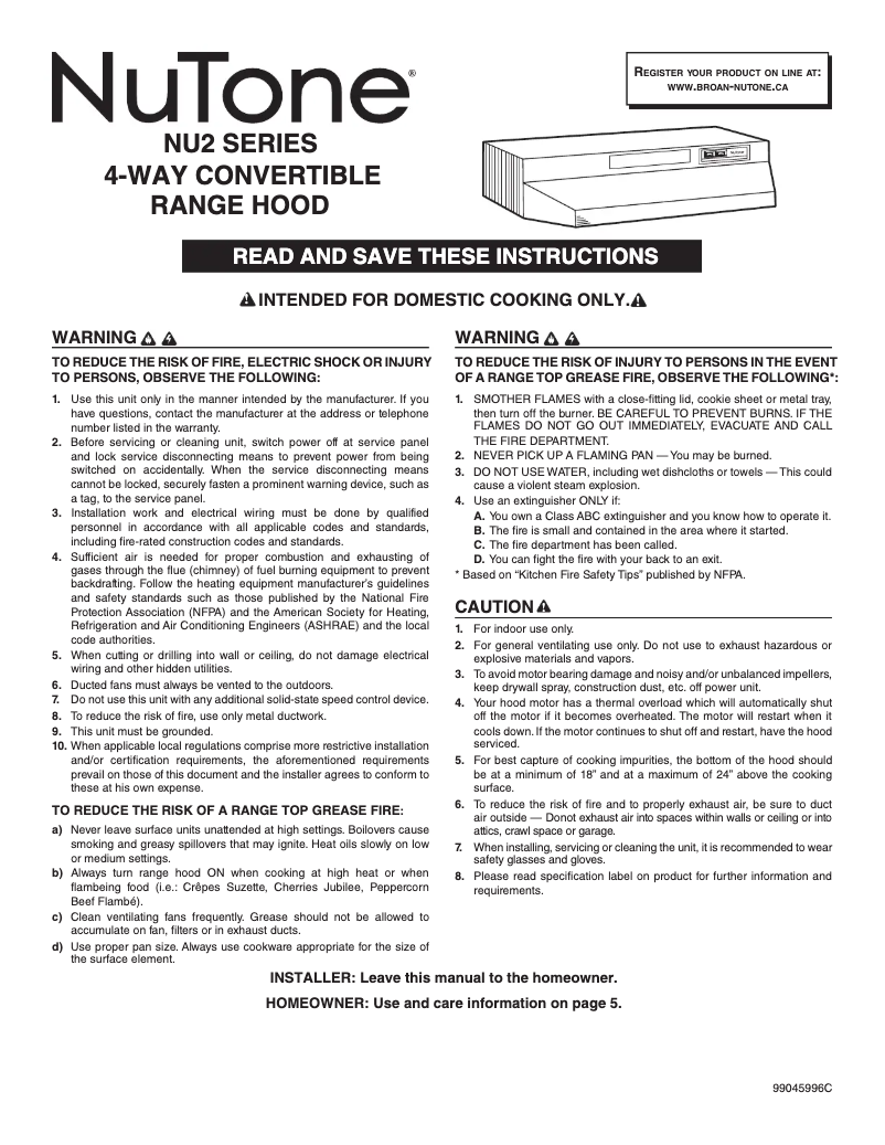 Page n°1 - Guide d'installation NuTone NU230BL