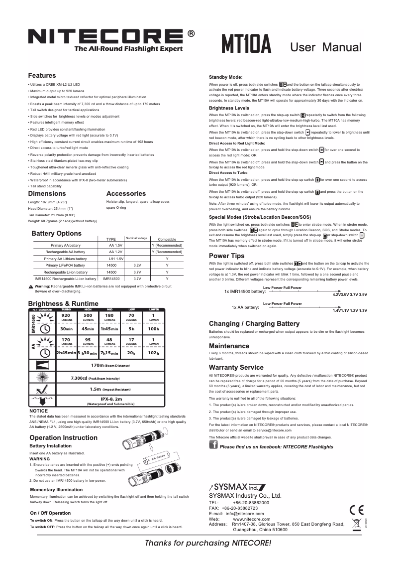Page 1 de la notice Manuel utilisateur Nitecore MT10A