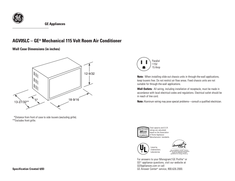 Page n°1 - Fiche technique GE AGV05LC