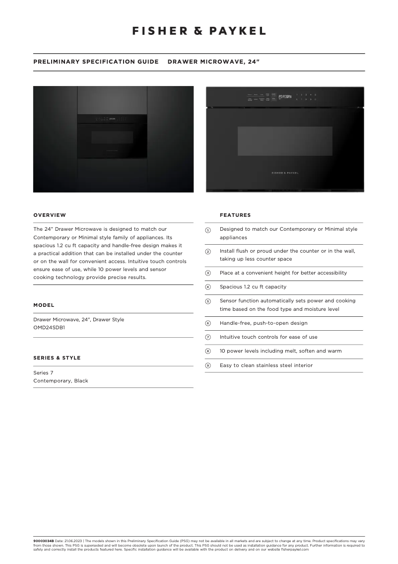Page 1 de la notice Fiche technique Fisher & Paykel OMD24SDB1
