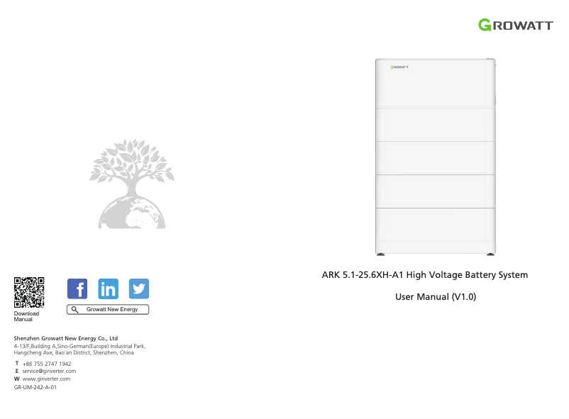 Page 1 de la notice Manuel utilisateur Growatt ARK 5.1-25.6XH-A1