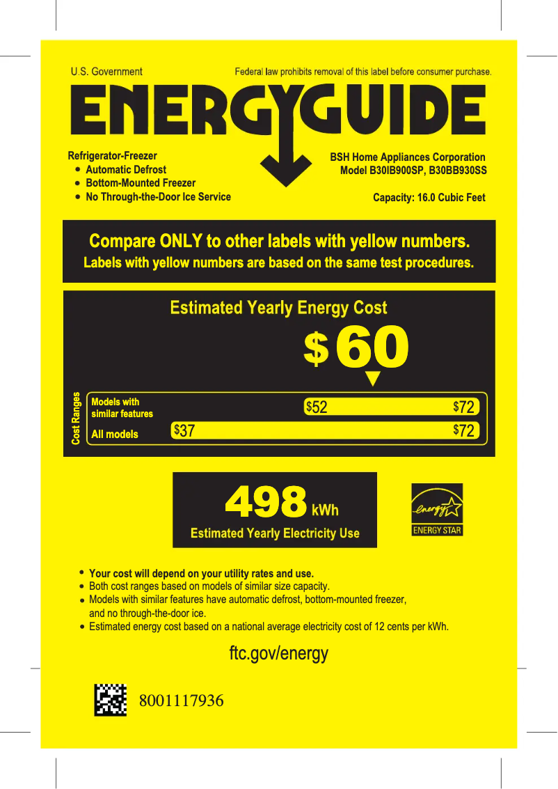 Page 1 de la notice Label énergétique Bosch B30IB900SP