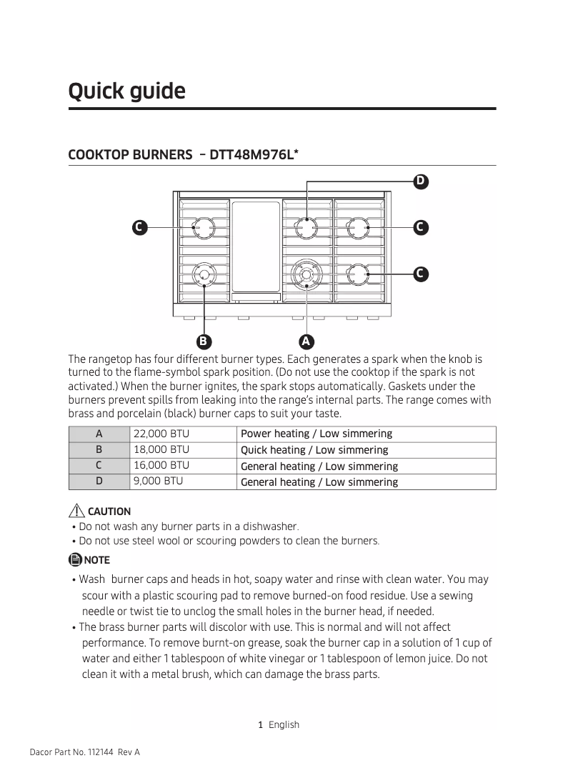 Page 1 de la notice Fiche technique Dacor Modernist DTT48M976LM