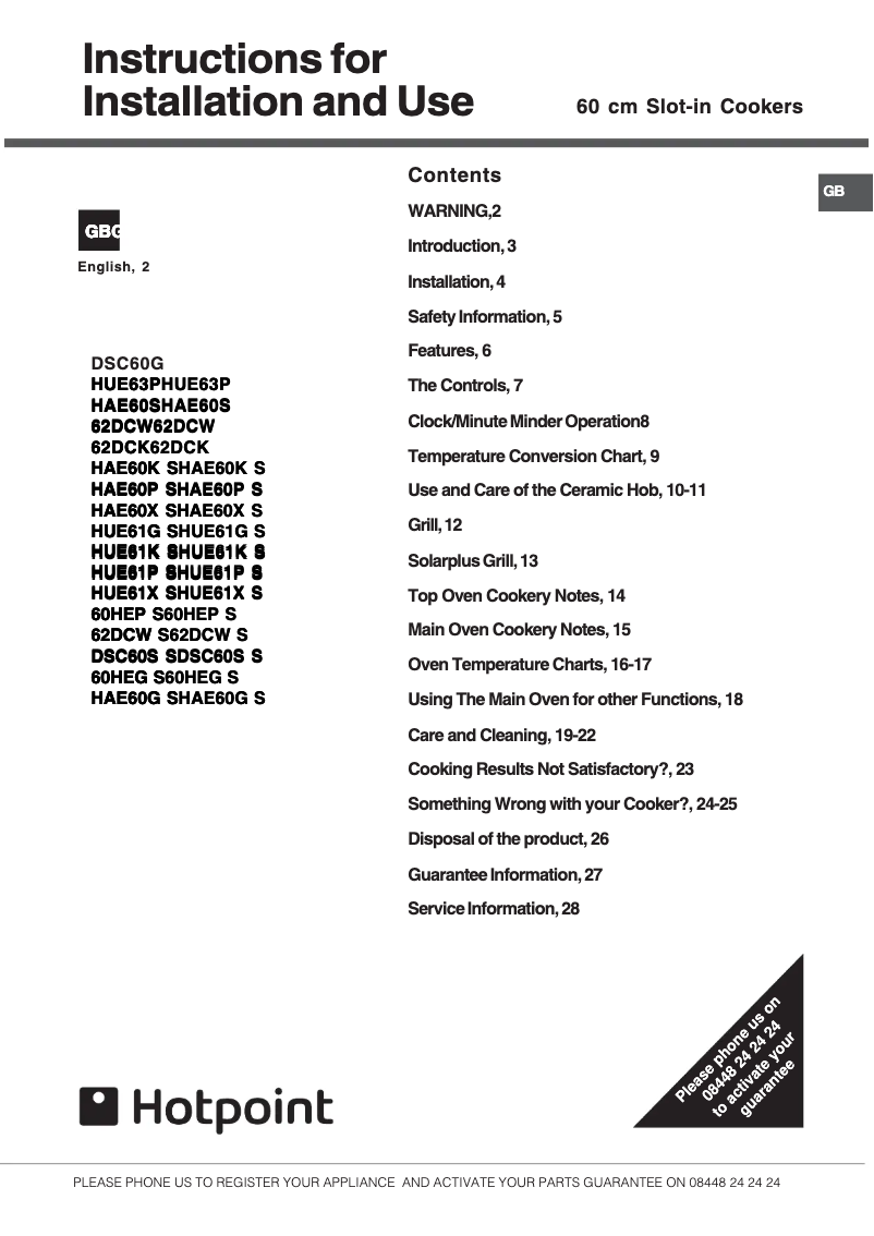 Page 1 de la notice Manuel utilisateur Hotpoint 60HEG S