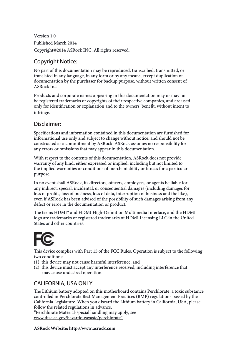 Page 1 de la notice Manuel utilisateur Asrock AM1B-MDH