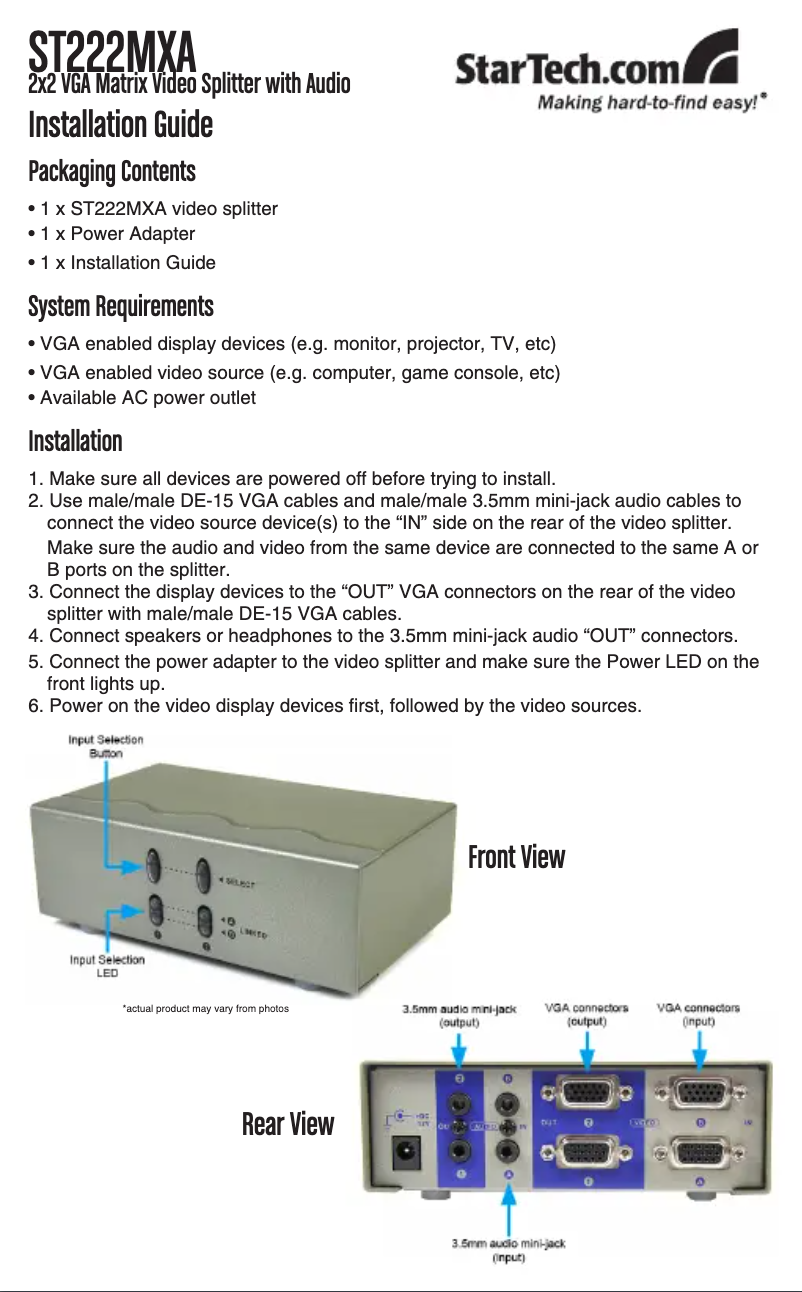 Page 1 de la notice Manuel utilisateur StarTech.com 2x2 VGA