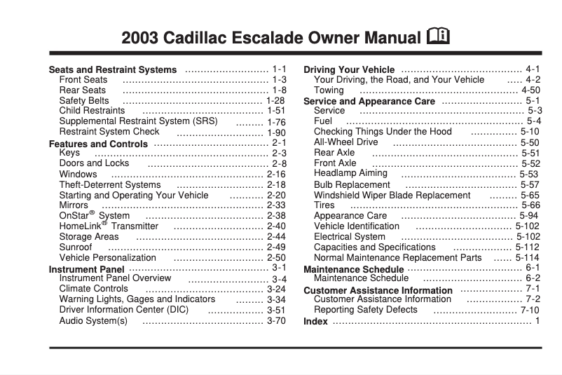 Página 1 del manual Manual de usuario Cadillac Seville (2003)