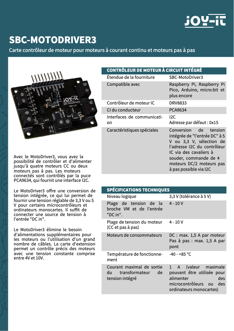 Page n°1 - Fiche technique Joy-It SBC-MotoDriver3