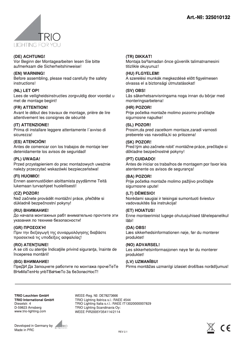 Page n°1 - Manuel utilisateur Trio Lighting Carrera 325010132