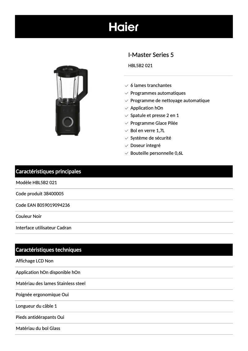 Page 1 de la notice Fiche technique Haier HBL5B2 021