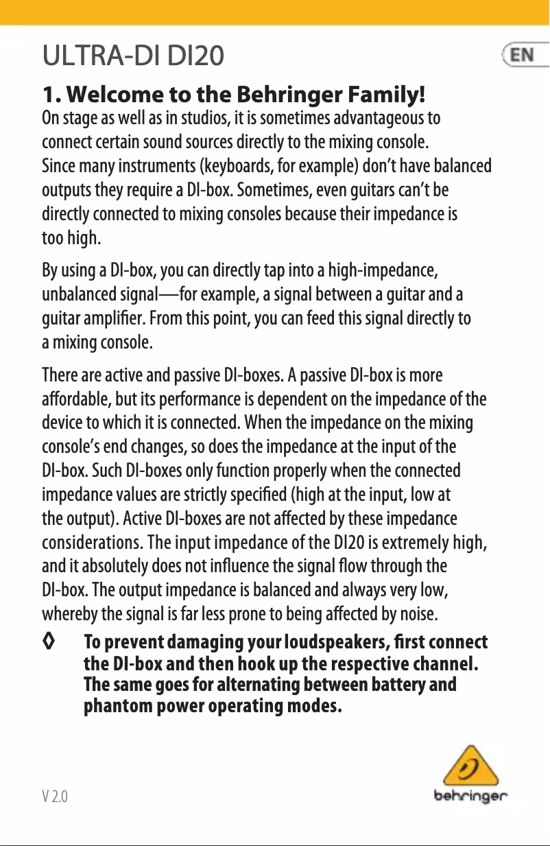 Page 1 de la notice Manuel utilisateur Behringer Ultra-DI DI20